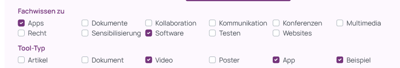 Screenshot der weiteren Tool-Filter Fachwissen zu und Tool-Typ. Neben Apps und Software wurden die Tool-Typen Video, App und Beispiel ausgew&auml;hlt.