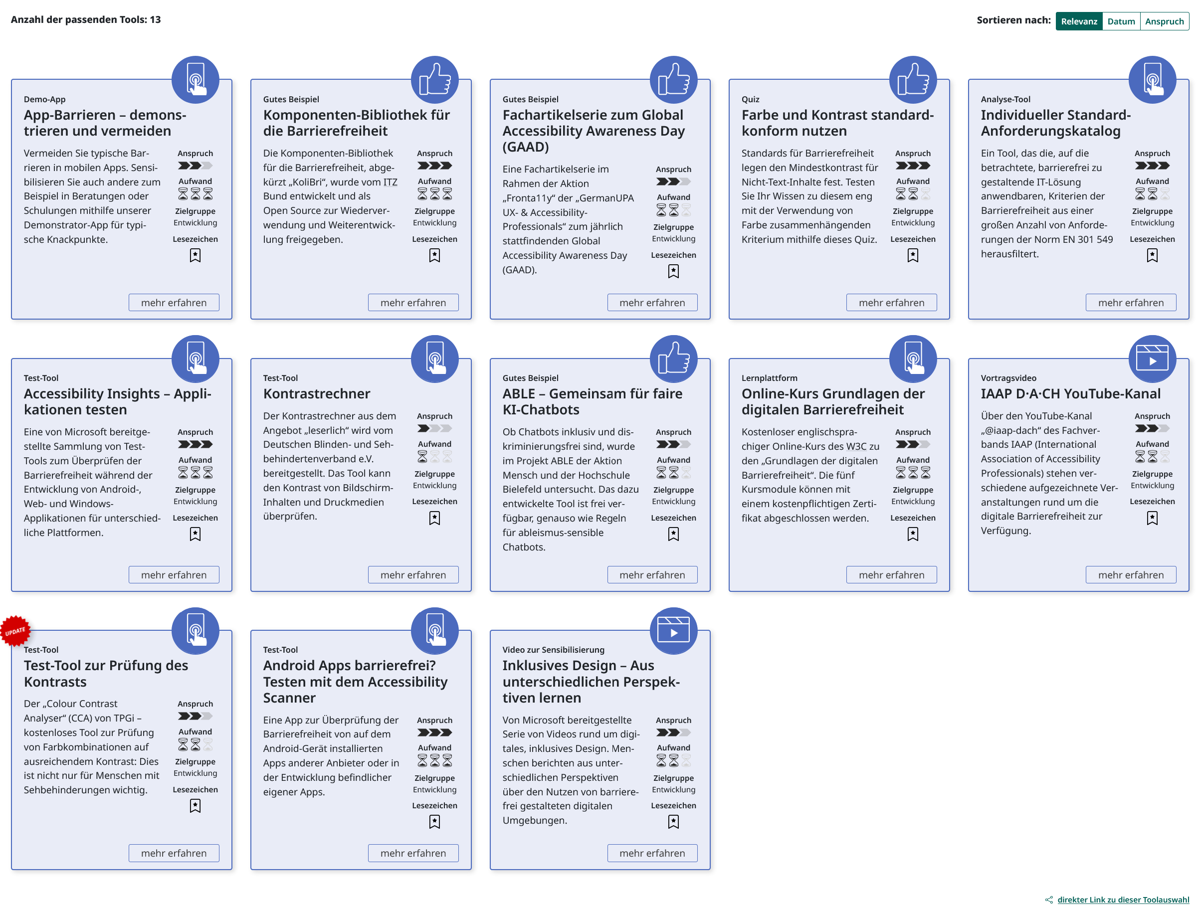 Screenshot der aktuellen Toolauswahl von 13 Tools. Die Tools sind als Karten in Zeilen und Spalten angeordnet.