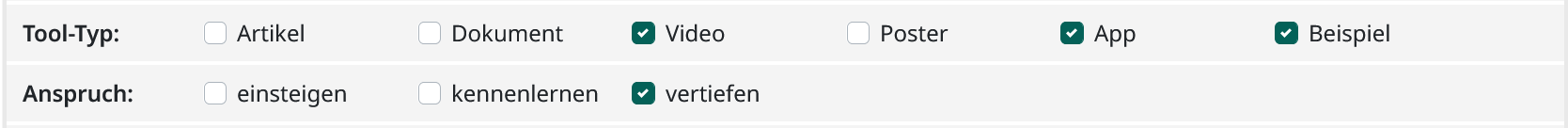 Screenshot des weiteren Tool-Filter Tool-Typs Anspruch. Neben den Tool-Typen Video, App und Beispiel, wurde der Anspruch vertiefen mithilfe eines Auswahlfeldes aus drei Optionen ausgewählt.