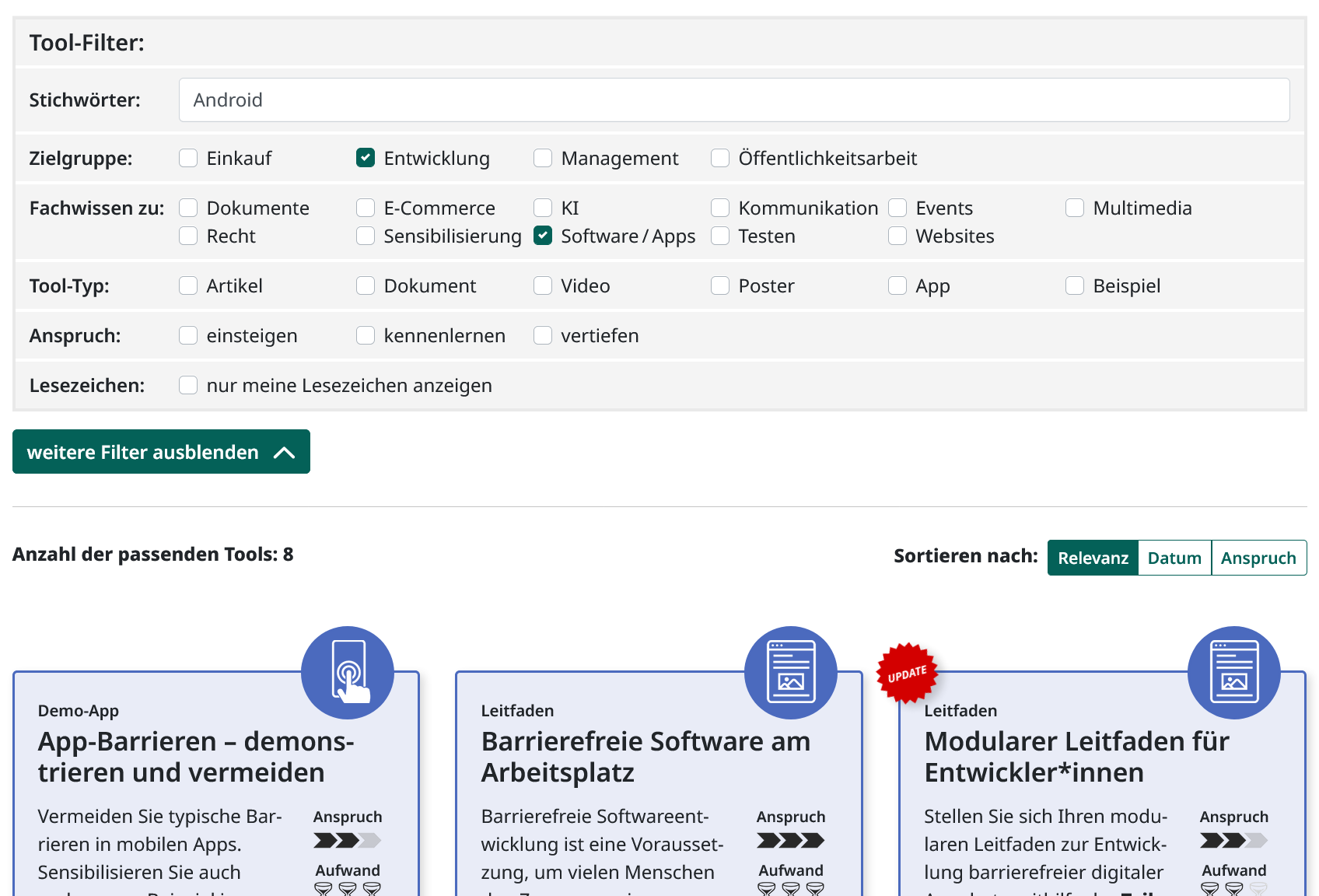 Screenshot der gewählten Tool-Filter, Zielgruppe Entwicklung, Fachwissen zu Apps / Software sowie die Stichwort-Suche nach Android. Darunter ein Ausschnitt der Auswahl entsprechender Tools im Kachelformat.
