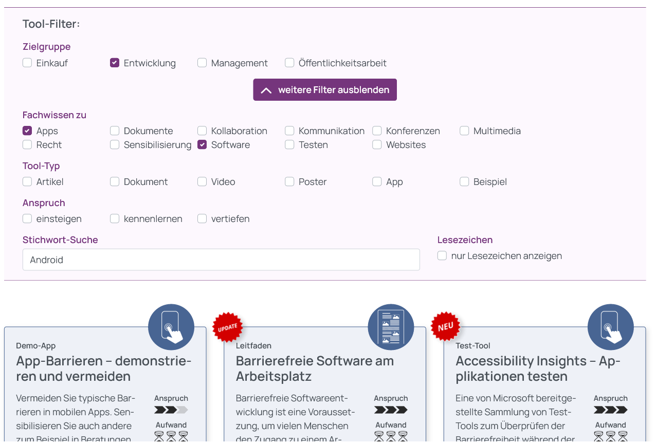 Screenshot der gew&auml;hlten Tool-Filter, Zielgruppe Entwicklung, Fachwissen zu Apps und Software sowie die Stichwort-Suche nach Android. Darunter ein Ausschnitt der Auswahl entsprechender Tools im Kachelformat.