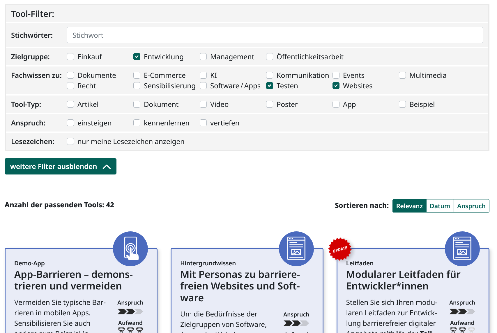 Screenshot der gewählten Tool-Filter, Zielgruppe Entwicklung, Fachwissen zu Testen und Websites. Darunter ein Ausschnitt der 42 passenden Tools im Kachelformat nach Relevanz sortiert.