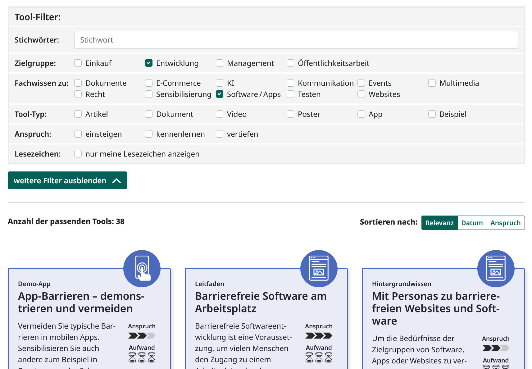 Screenshot der gewählten Tool-Filter, Zielgruppe Entwicklung, Fachwissen zu Software / Apps. Darunter ein Ausschnitt der 38 passenden Tools im Kachelformat nach Relevanz sortiert.