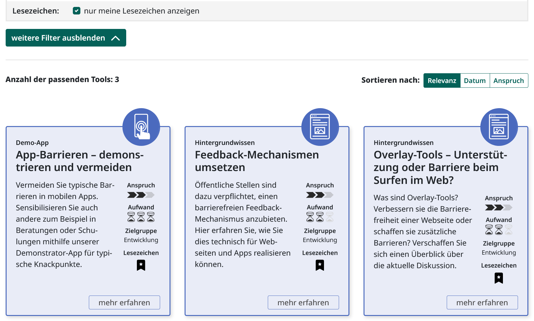 Screenshot der gewählten Tool-Filter Option nur Lesezeichen. Darunter ein Ausschnitt der mithilfe von Lesezeichen markierten Tools im Kachelformat nach Relevanz sortiert.