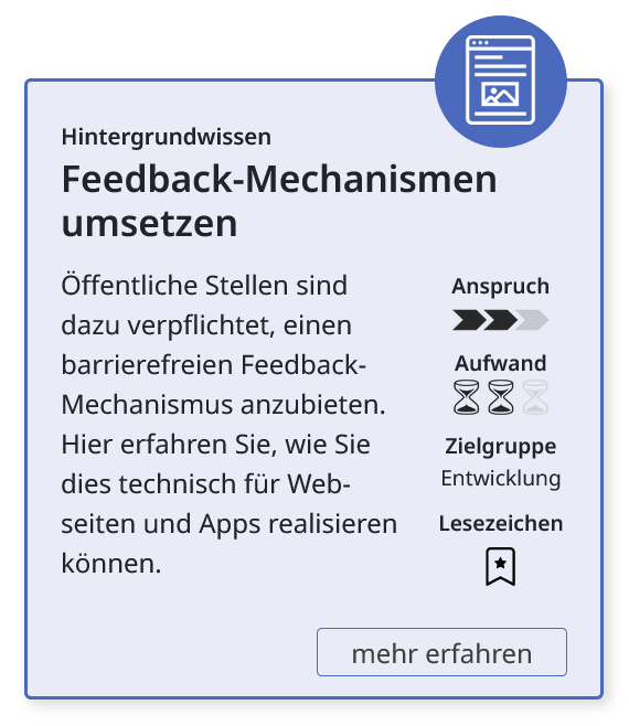 Screenshot der blauen Toolbox-Karte mit dem Titel Feedback-Mechanismus umsetzen mit einer Kurzbeschreibung, und einigen als Icons dargestellten Eigenschaften wie Anspruch mit 2 von 3 bewertet, Aufwand 2 von 3, Zielgruppe Entwicklung, sowie einem unausgefüllten Lesezeichen-Icon.