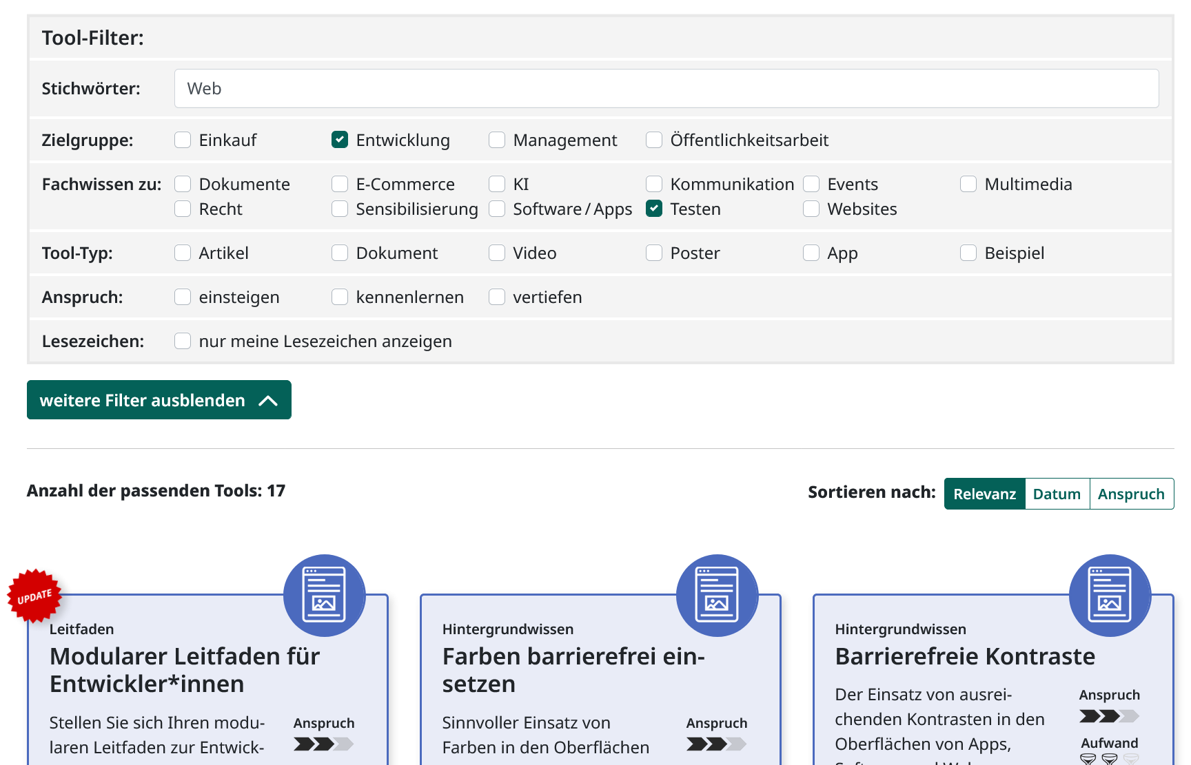 Screenshot der gewählten Tool-Filter, Zielgruppe Entwicklung, Fachwissen zu Testen sowie die Stichwort-Suche nach Web. Darunter ein Ausschnitt der 17 passenden Tools im Kachelformat nach Relevanz sortiert.
