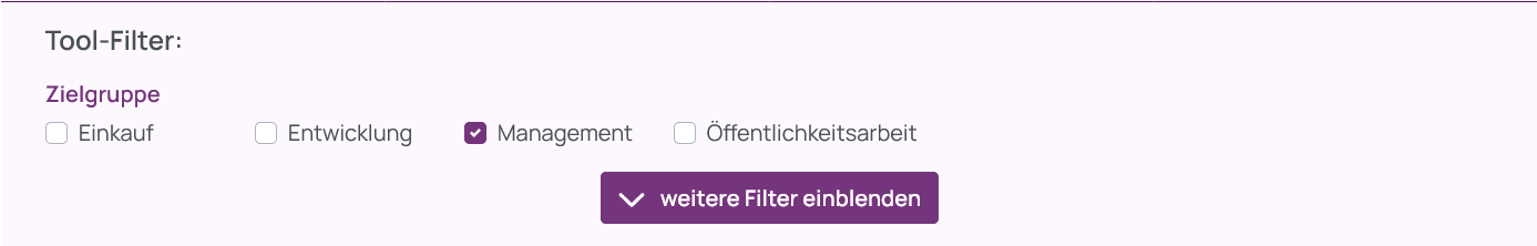 Screenshot der vier Tool-Filter Einkauf, Entwicklung, Management und &Ouml;ffentlichkeitsarbeit, die mit Checkboxen in einer Zeile umgesetzt wurden.