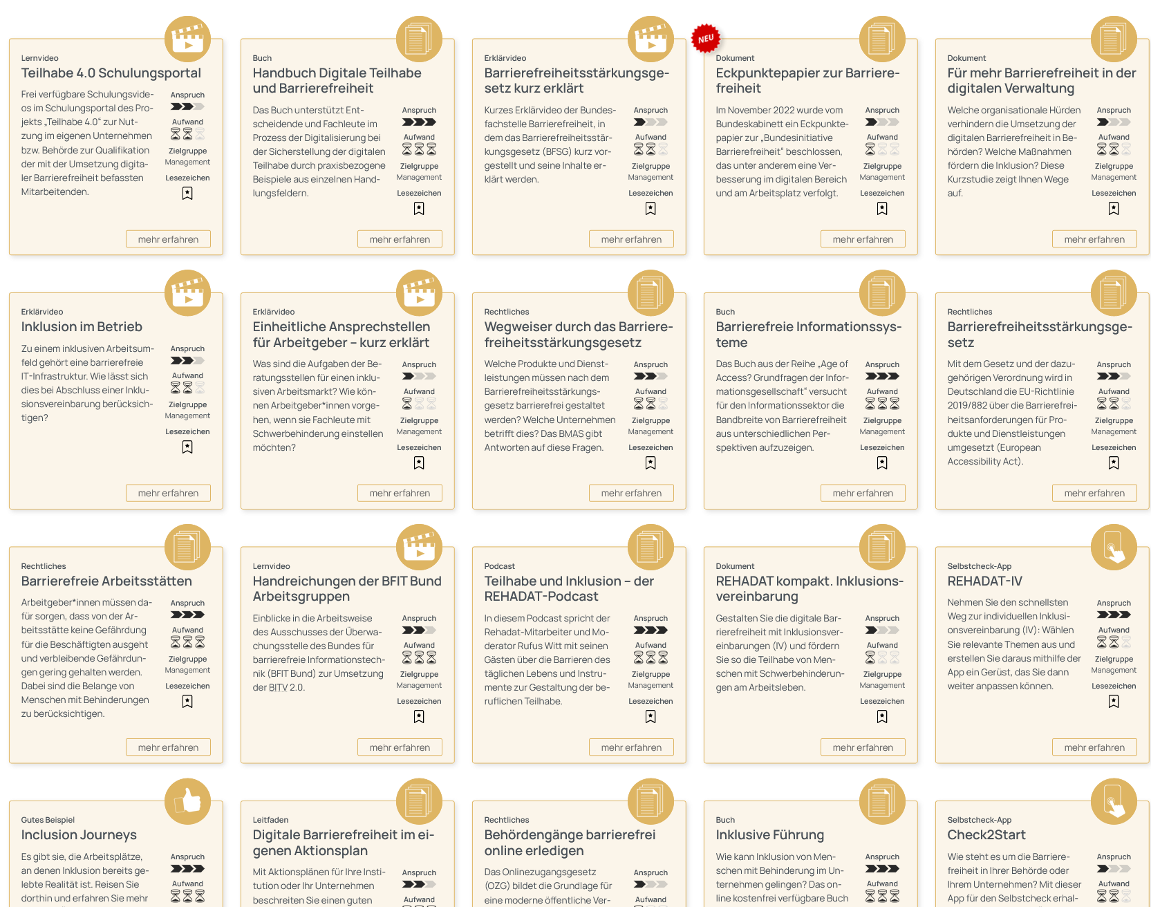 Screenshot aller Tools f&uuml;r die Zielgruppe Management. Die Tools sind in Form von Kacheln mit gelbem Hintergrund dargestellt und enthalten neben einem Tooltitel und einer Beschreibung jeweils in der Ecke ein Icon, das zus&auml;tzlich den Tooltyp kennzeichnet.