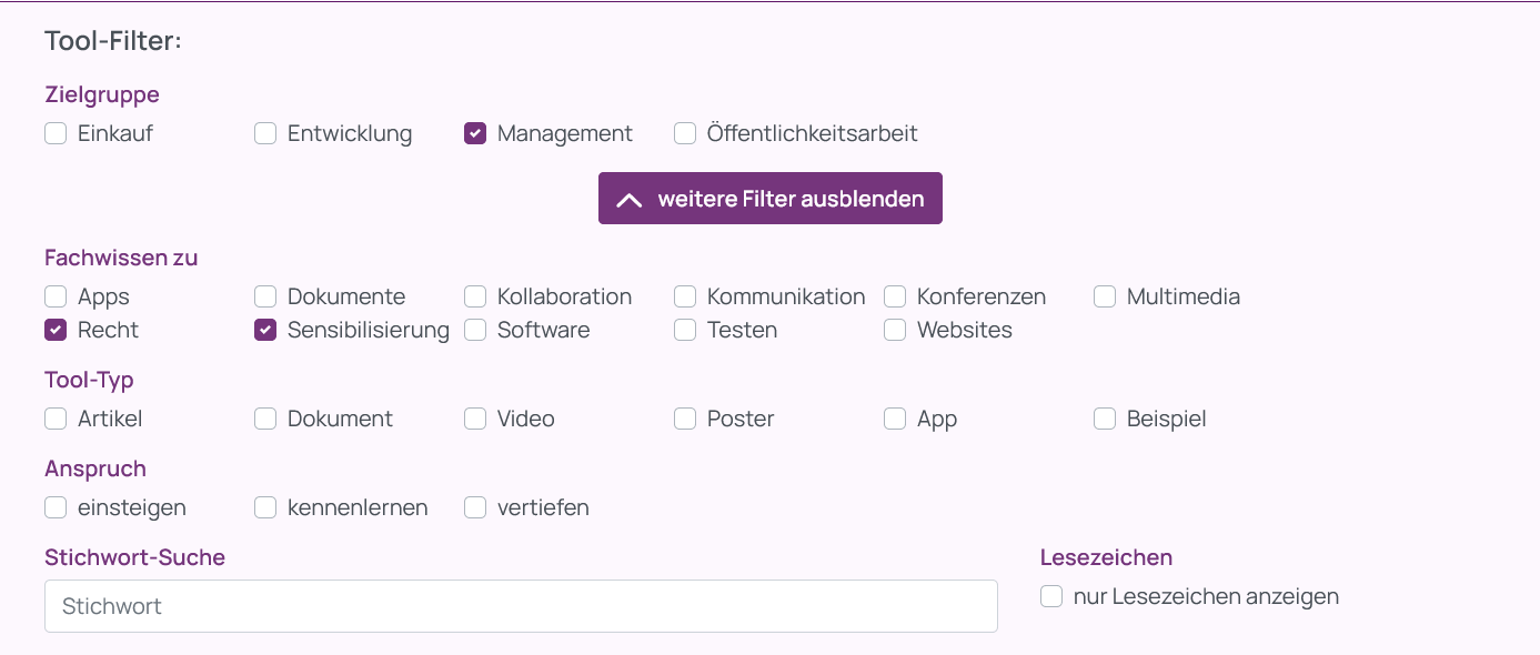 Screenshot der unterhalb des Zielgruppen-Filters aufgeklappten weiteren Tool-Filter Fachwissen zu, Tool-Typ, Anspruch und einer Stichwort-Suche. Ausgewählt wurden nur Recht und Sensibilisierung beim Fachwissen-Filter.