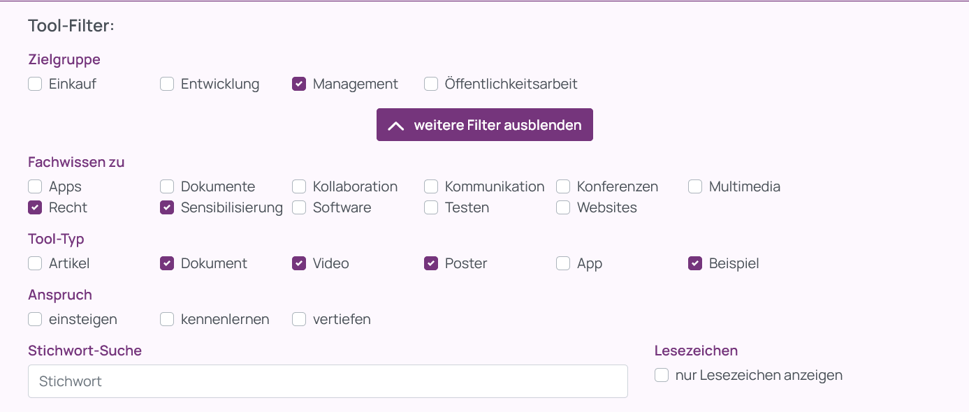Screenshot der weiteren Tool-Filter Fachwissen zu und Tool-Typ. Neben Recht und Sensibilisierung wurden die Tool-Typen Dokument, Video, Poster und Beispiel ausgew&auml;hlt.