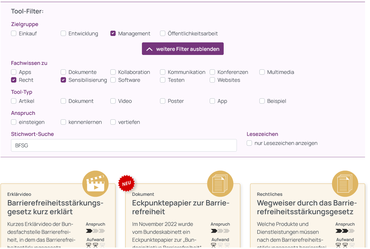 Screenshot der gew&auml;hlten Tool-Filter, Zielgruppe Management, Fachwissen zu Recht und Sensibilisierung sowie die Stichwort-Suche nach BFSG. Darunter ein Ausschnitt der Auswahl entsprechender Tools im Kachelformat.