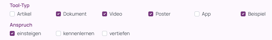 Screenshot der weiteren Tool-Filter Tool-Typ, Anspruch und Stichwort-Suche. Neben den Tool-Typen Dokument, Video, Poster und Beispiel, wurde der Anspruch einsteigen mithilfe eines Auswahlfeldes aus drei Optionen ausgew&auml;hlt.