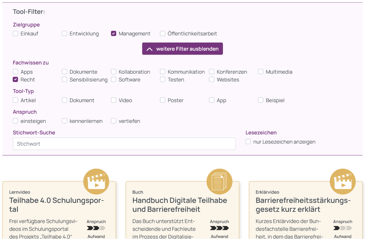 Screenshot der gewählten Tool-Filter, Zielgruppe Management, Fachwissen zu Recht. Darunter ein Ausschnitt der Auswahl entsprechender Tools im Kachelformat.