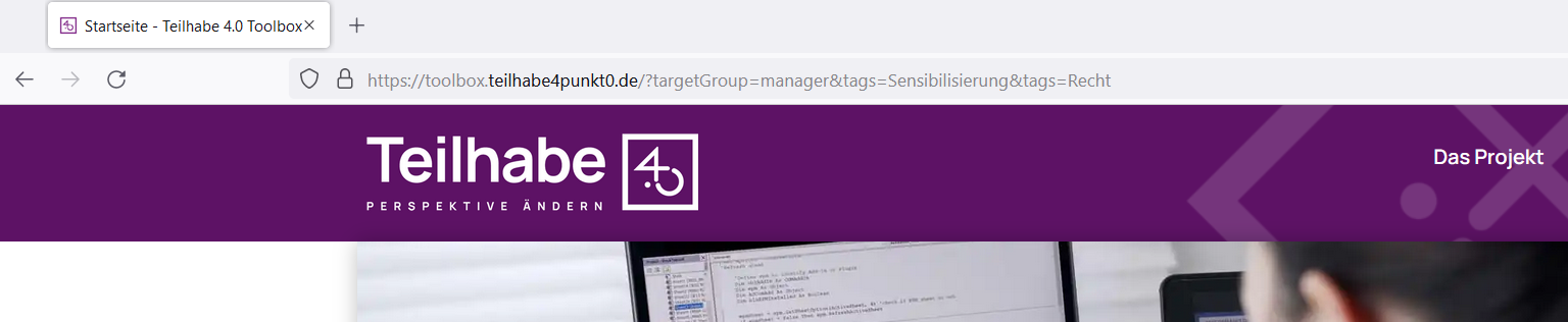 Screenshot der Adresszeile des Webbrowsers mit einer langen URL für die Teilhabe 4.0-Toolbox-Webseite.