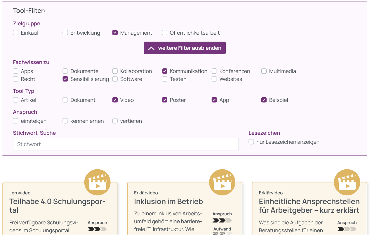 Screenshot der gew&auml;hlten Tool-Filter, Zielgruppe Management, Fachwissen zu Sensibilisierung und Kommunikation, 4 von 6 Tooltypen ausgew&auml;hlt. Darunter ein Ausschnitt der Auswahl entsprechender Tools im Kachelformat.