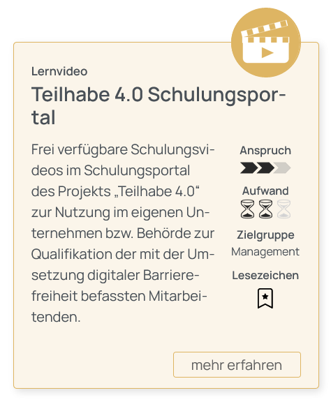 Screenshot der gelben Toolbox-Karte mit dem Titel Teilhabe 4.0 Schulungsportal mit einer Kurzbeschreibung, und einigen als Icons dargestellten Eigenschaften wie Anspruch mit 2 von 3 bewertet, Aufwand 2 von 3, Zielgruppe Management, sowie einem unausgefüllten Lesezeichen-Icon.