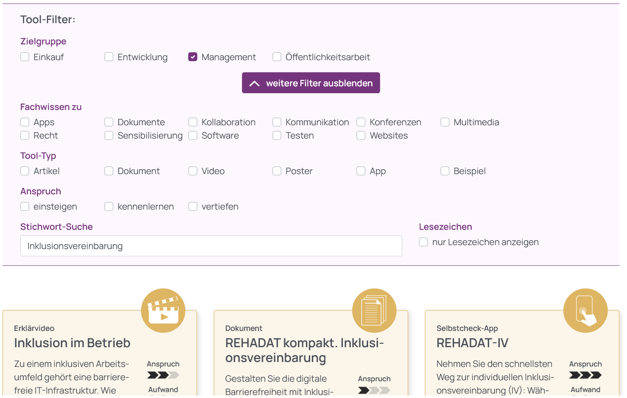 Screenshot der gewählten Tool-Filter, Zielgruppe Management sowie die Stichwort-Suche nach Integrationsvereinbarung. Darunter ein Ausschnitt der Auswahl entsprechender Tools im Kachelformat.