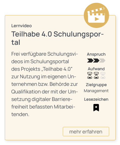 Die gleiche Toolbox-Karte Teilhabe 4.0-Schulungsportal fürs Web mit schwarz ausgefülltem Lesezeichen Icon.