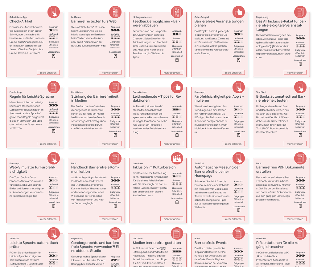 Screenshot aller Tools f&uuml;r die Zielgruppe &Ouml;ffentlichkeitsarbeit. Die Tools sind in Form von Kacheln mit rotem Hintergrund dargestellt und enthalten neben einem Tooltitel und einer Beschreibung jeweils in der Ecke ein Icon, das zus&auml;tzlich den Tooltyp kennzeichnet.
