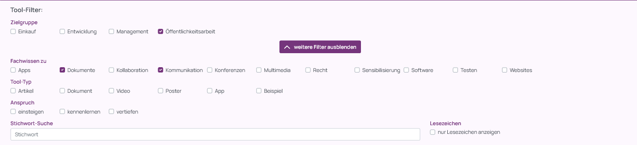 Screenshot der unterhalb des Zielgruppen-Filters aufgeklappten weiteren Tool-Filter Fachwissen zu, Tool-Typ, Anspruch und einer Stichwort-Suche. Ausgewählt wurden nur Dokumente und Kommunikation beim Fachwissen-Filter.