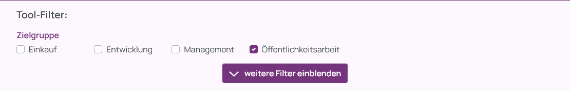Screenshot der vier Tool-Filter Einkauf, Entwicklung, Management und &Ouml;ffentlichkeitsarbeit, die mit Checkboxen in einer Zeile umgesetzt wurden und eine lila hervorgehobene Schaltfl&auml;che unterhalb des Filters.