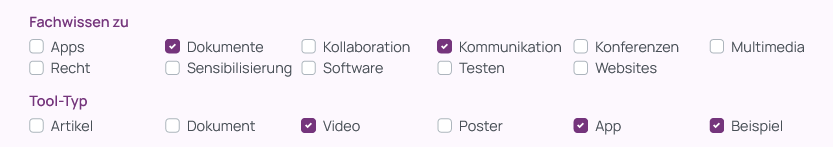 Screenshot der weiteren Tool-Filter Fachwissen zu und Tool-Typ. Neben Dokumenten und Kommunikation wurden die Tool-Typen Video, App und Beispiel ausgew&auml;hlt.