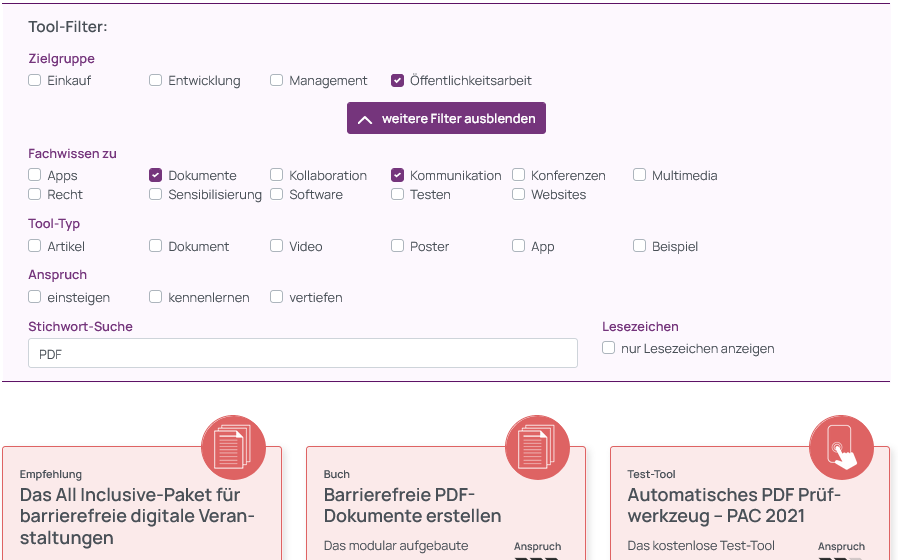 Screenshot der gew&auml;hlten Tool-Filter, Zielgruppe &Ouml;ffentlichkeitsarbeit, Fachwissen zu Dokumenten und Kommunikation sowie die Stichwort-Suche nach PDF. Darunter ein Ausschnitt der Auswahl entsprechender Tools im Kachelformat.