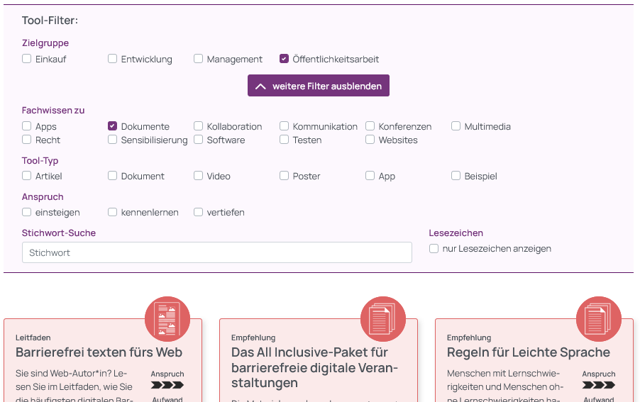 Screenshot der gewählten Tool-Filter, Zielgruppe Öffentlichkeitsarbeit, Fachwissen zu Dokumenten. Darunter ein Ausschnitt der Auswahl entsprechender Tools im Kachelformat.