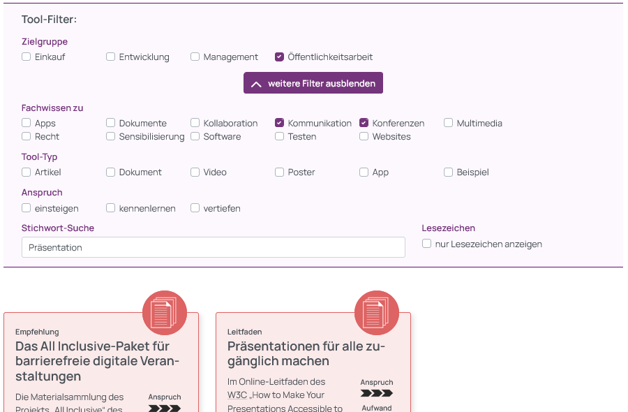 Screenshot der gewählten Tool-Filter, Zielgruppe Öffentlichkeitsarbeit, Fachwissen zu Kommunikation und Konferenzen sowie die Stichwort-Suche nach Präsentation. Darunter ein Ausschnitt der Auswahl entsprechender Tools im Kachelformat.