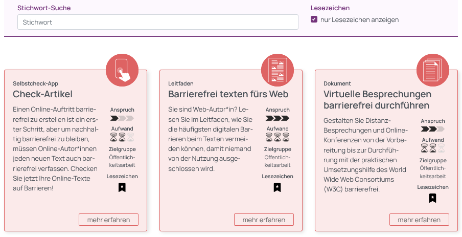 Screenshot der gewählten Tool-Filter Option nur Lesezeichen direkt nach dem Feld Stichwort-Suche. Darunter ein Ausschnitt der mithilfe von Lesezeichen markierten Tools im Kachelformat.