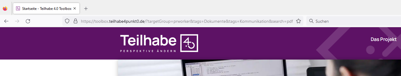 Screenshot der Adresszeile des Webbrowsers mit einer langen URL für die Teilhabe 4.0-Toolbox-Webseite.