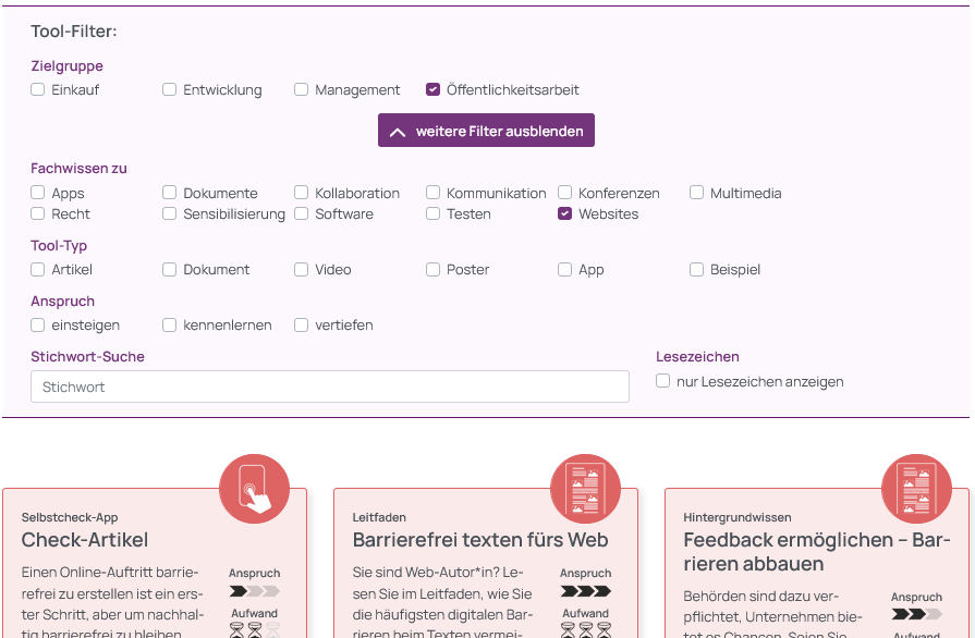 Screenshot der gewählten Tool-Filter, Zielgruppe Öffentlichkeitsarbeit, Fachwissen zu Websites. Darunter ein Ausschnitt der Auswahl entsprechender Tools im Kachelformat.