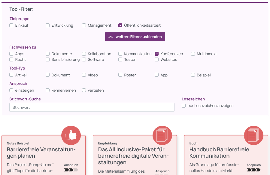 Screenshot der gewählten Tool-Filter, Zielgruppe Öffentlichkeitsarbeit, Fachwissen zu Konferenzen. Darunter ein Ausschnitt der Auswahl entsprechender Tools im Kachelformat.