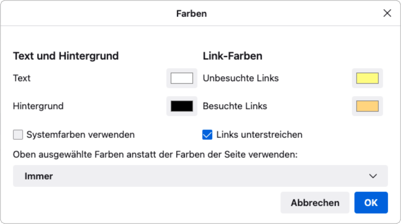 Einstelldialog f&uuml;r benutzerdefinierte Farben im Firefoy-Browser
