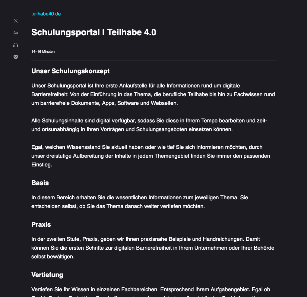 Leseansicht mit wei&szlig;er Schrift auf dunklem Hintergrund