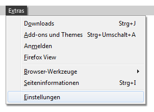 Men&uuml;punkt Extras mit dem M&uuml;n&uuml;punkt Einstellungen im Firefox Browser
