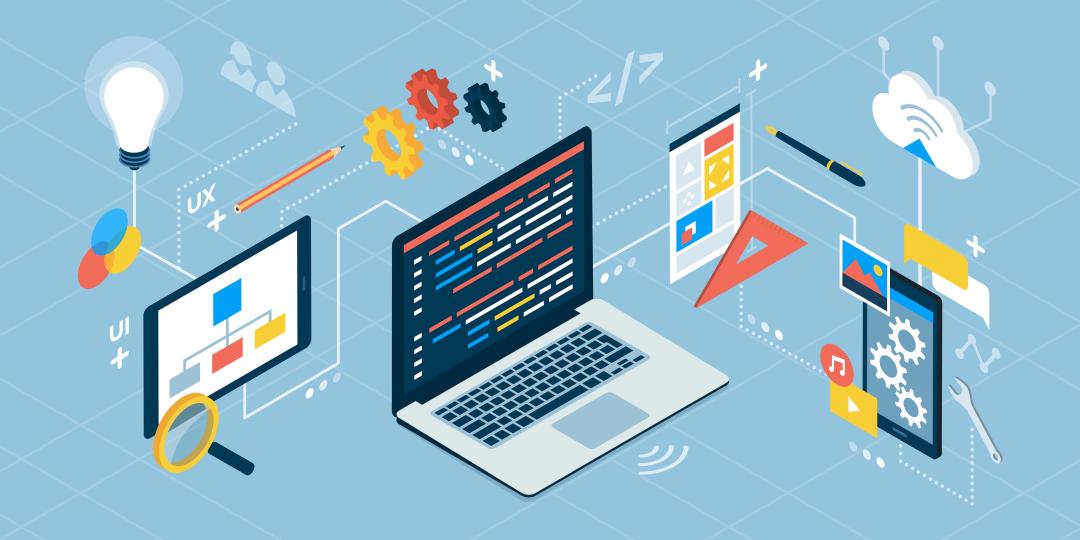 Grafik verschiedener Endger&auml;te, auf denen Entwicklung mit bzw. f&uuml;r UI, UX, HTML, Medien u.a. cloudbasiert stattfindet.