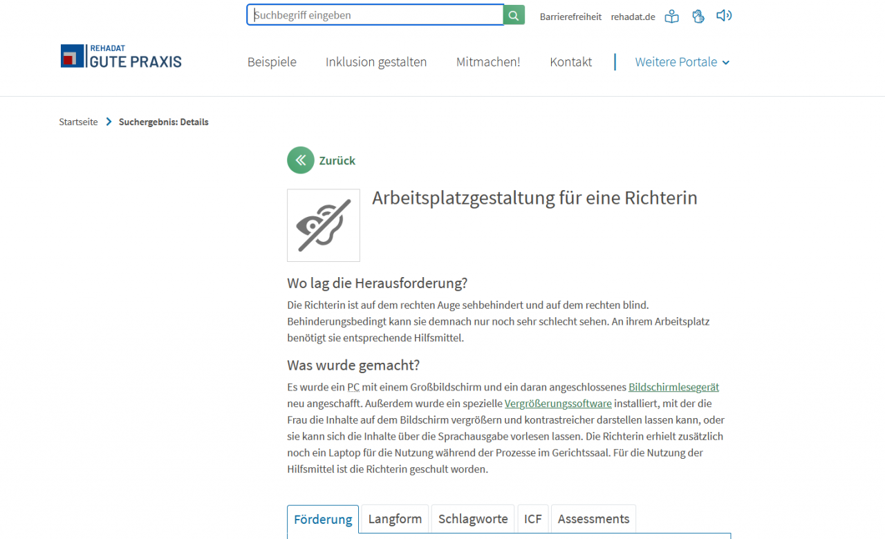 Screenshot eines Beispiels auf der Website Rehadat - Gute Praxis zur Arbeitsplatzgestaltung f&uuml;r eine sehbehinderte Richterin