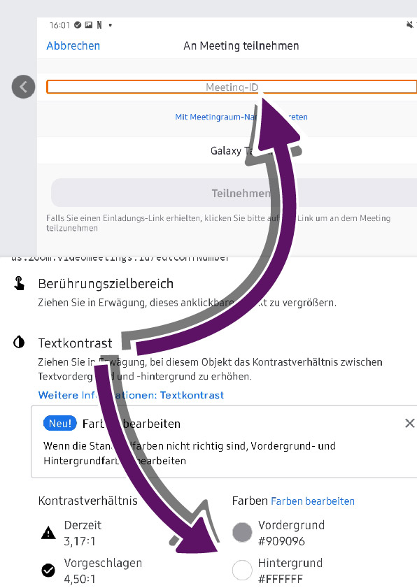 Bildschirmausschnitt der Ergebnisse der App Accessibility Scanner