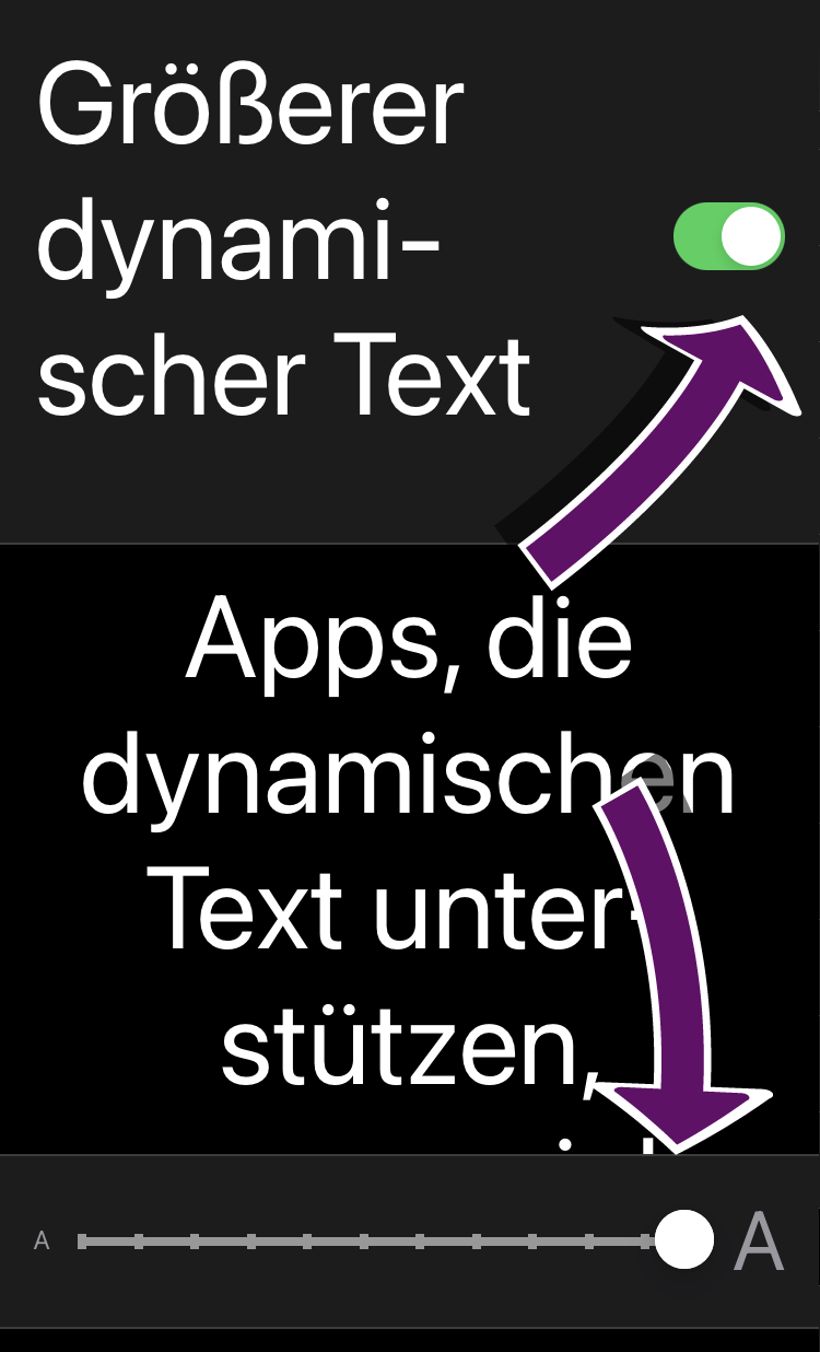 Bildschirmausschnitt der iOS-Bedienungshilfen zur Vergr&ouml;&szlig;erung von Text.