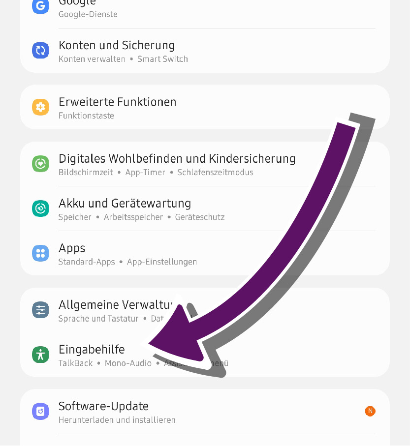 Bildschirmausschnitt der &Uuml;bersichtsseite zu den Android-Eingabehilfen.