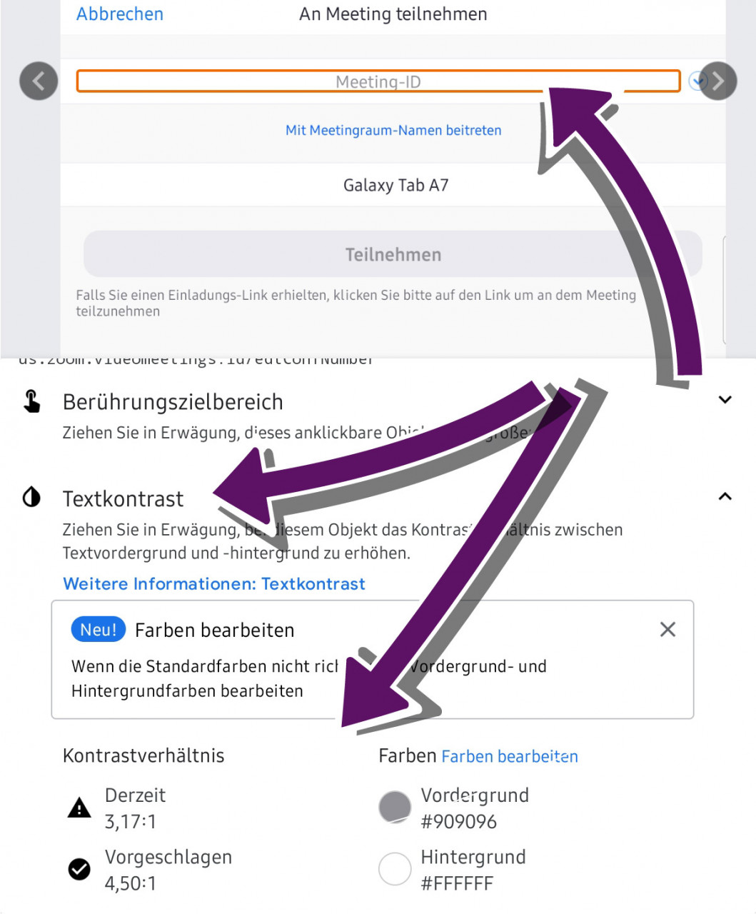 Bildschirmausschnitt der Ergebnis-Detailansicht eines Problems mit dem Textkontrast