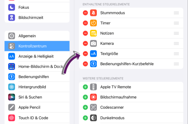 Bildschirmausschnitt der iOS-Einstellungen f&uuml;r das Kontrollzentrum