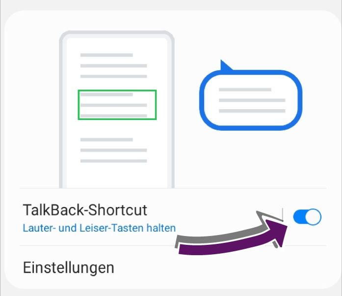 Bildschirmausschnitt der Einstellungsseite f&uuml;r TalkBack