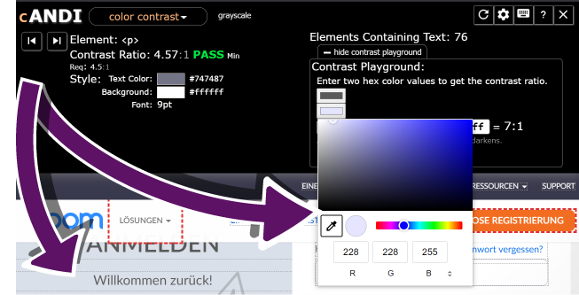 Bildschirmausschnitt des ANDI-Bookmarklets im Kontrast-Modul bei aktivierter Farbauswahl durch Bet&auml;tigung der Schaltfl&auml;che show contrast playground