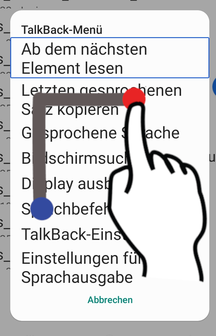 Screenshot des Android-Talkback-Men&uuml;s mit Darstellung der Geste zum &Ouml;ffnen