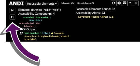 Screenshot des ANDI-Bookmarklets mit ausgew&auml;hltem Link- und Schaltfl&auml;chen-Modul