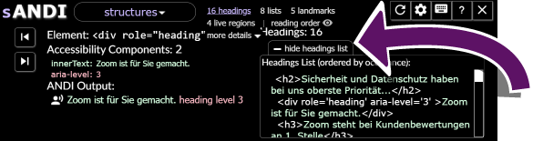 Screenshot des ANDI-Bookmarklets mit ausgew&auml;hltem Struktur-Modul. Ein Pfeil markiert die Schaltfl&auml;che show headings list