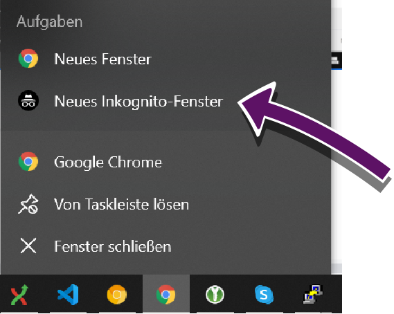 Bildschirmausschnitt der Windows-Taskleiste mit offenem Kontextmen&uuml; f&uuml;r den Chrome-Browser