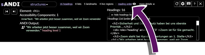 Screenshot des ANDI-Bookmarklets mit ausgew&auml;hltem Struktur-Modul. Ein Pfeil zeigt auf den Link reading order.